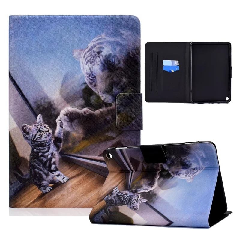 Protective Case for Amazon Fire Max 11 Pattern Printing PU Leather Tablet Cover with Stand Card Holder - Cat and Tiger