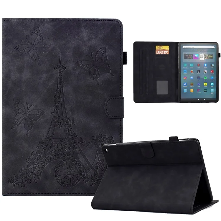 For Amazon Fire Max 11 Stand Folio Tablet Case Microfiber Leather Iron Tower Imprinted Smart Cover with Card Slot - Black