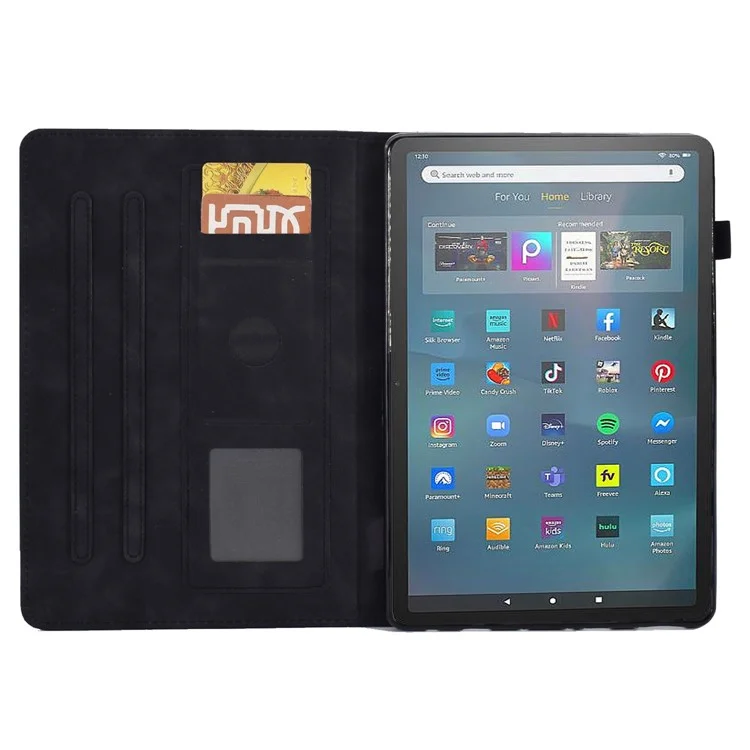 For Amazon Fire Max 11 Stand Folio Tablet Case Microfiber Leather Iron Tower Imprinted Smart Cover with Card Slot - Black