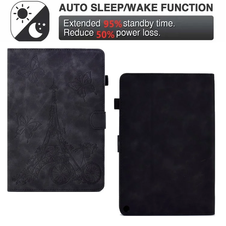 For Amazon Fire Max 11 Stand Folio Tablet Case Microfiber Leather Iron Tower Imprinted Smart Cover with Card Slot - Black