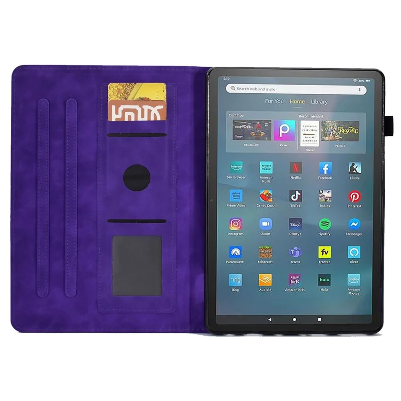 For Amazon Fire Max 11 Stand Folio Tablet Case Microfiber Leather Iron Tower Imprinted Smart Cover with Card Slot - Purple