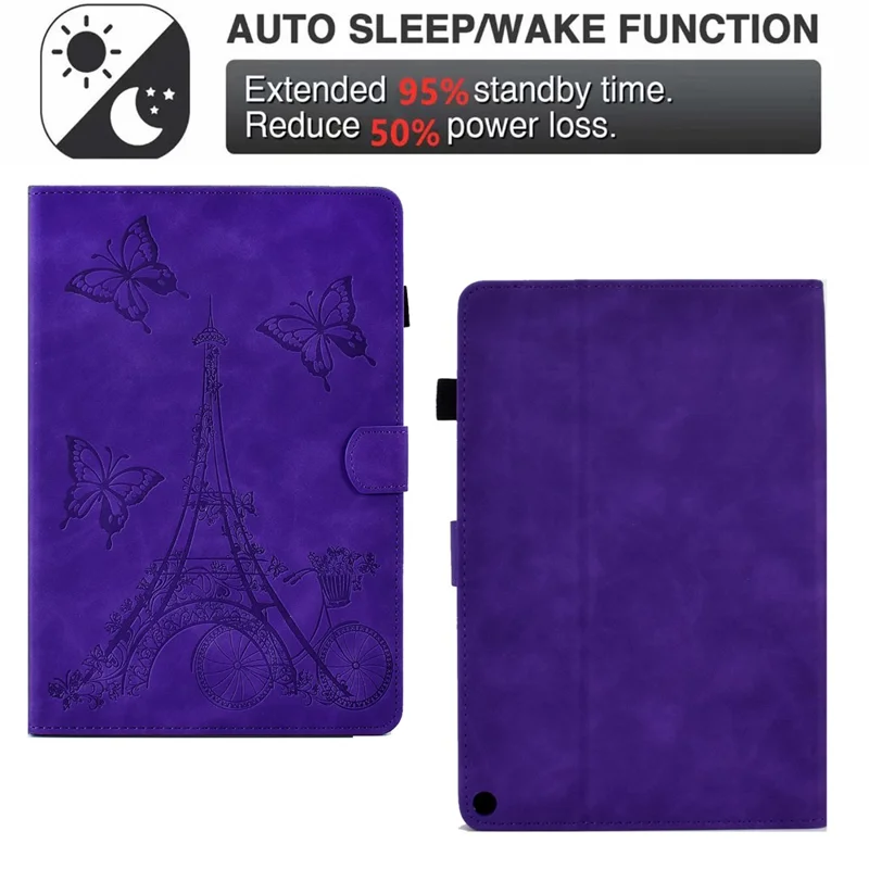 For Amazon Fire Max 11 Stand Folio Tablet Case Microfiber Leather Iron Tower Imprinted Smart Cover with Card Slot - Purple