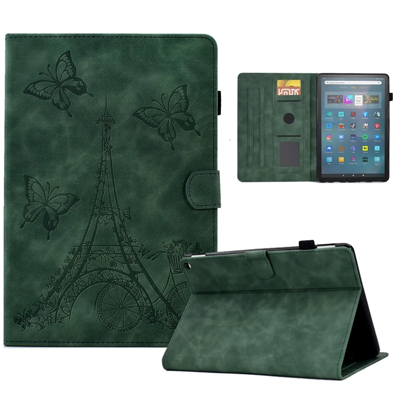 For Amazon Fire Max 11 Stand Folio Tablet Case Microfiber Leather Iron Tower Imprinted Smart Cover with Card Slot - Green