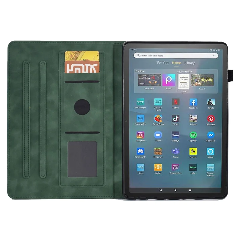 For Amazon Fire Max 11 Stand Folio Tablet Case Microfiber Leather Iron Tower Imprinted Smart Cover with Card Slot - Green