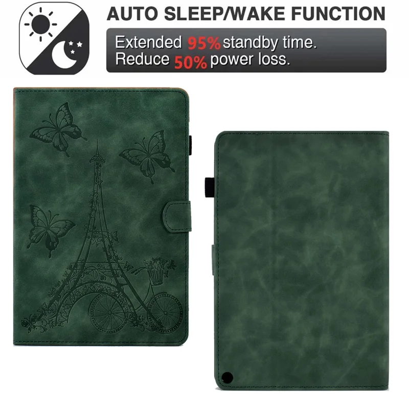 For Amazon Fire Max 11 Stand Folio Tablet Case Microfiber Leather Iron Tower Imprinted Smart Cover with Card Slot - Green