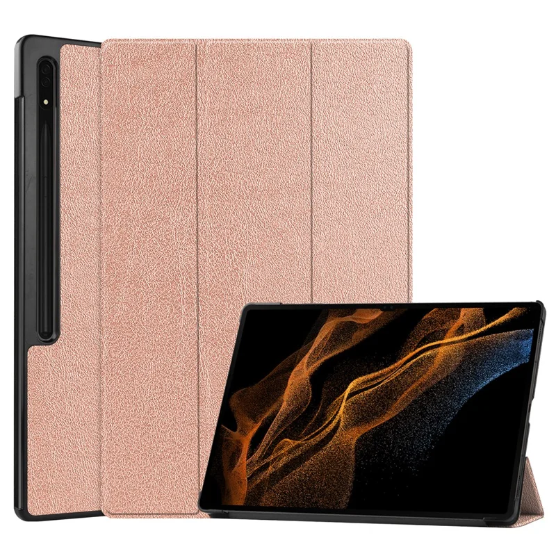 For Samsung Galaxy Tab S9 Ultra Tablet Case PU Leather Tri-fold Stand Smart Cover - Rose Gold