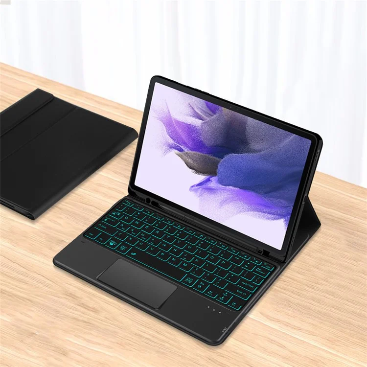 Para Samsung Galaxy Tab S8+ / S7 FE T730 T736 / S7+ T970 T975 Backlight Touchpad Bluetooth Keyboard with Pen Slot Leather Tablet Case