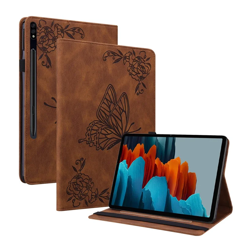 Funda antideslizante para tableta para Samsung Galaxy Tab S10+ / S9+ Imitación de cuero de PU con estampado de flor de mariposa, soporte para tarjetas y soporte - Marrón