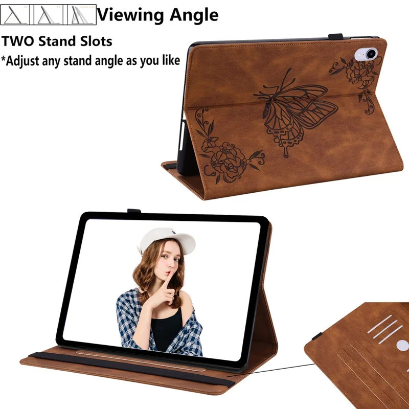 Funda antideslizante para tableta para Samsung Galaxy Tab S10+ / S9+ Imitación de cuero de PU con estampado de flor de mariposa, soporte para tarjetas y soporte - Marrón
