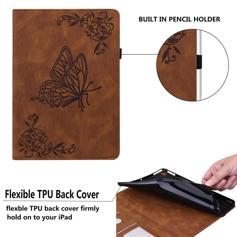 Funda antideslizante para tableta para Samsung Galaxy Tab S10+ / S9+ Imitación de cuero de PU con estampado de flor de mariposa, soporte para tarjetas y soporte - Marrón