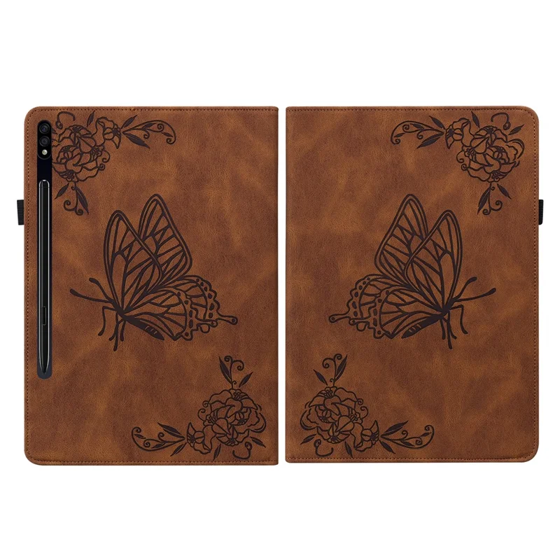Funda antideslizante para tableta para Samsung Galaxy Tab S10+ / S9+ Imitación de cuero de PU con estampado de flor de mariposa, soporte para tarjetas y soporte - Marrón