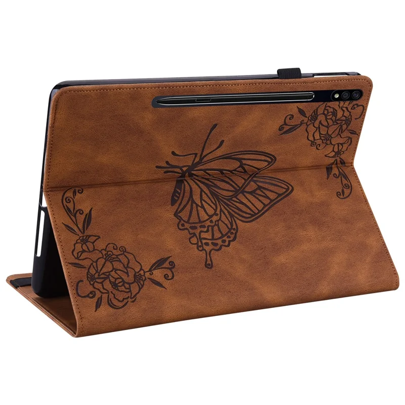 Funda antideslizante para tableta para Samsung Galaxy Tab S10+ / S9+ Imitación de cuero de PU con estampado de flor de mariposa, soporte para tarjetas y soporte - Marrón