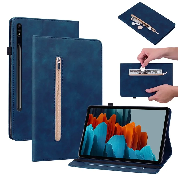 Para Samsung Galaxy Tab S10 / S9 PU Couro Flip Stand Shell Bolso de Zíper Slots de Cartão Carteira Caso Tablet - Azul Escuro