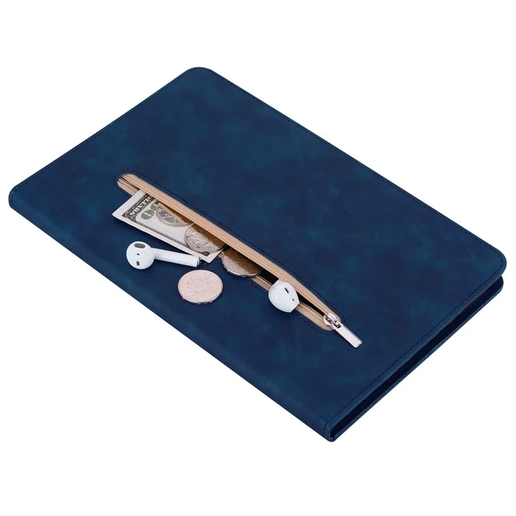 Para Samsung Galaxy Tab S10 / S9 PU Couro Flip Stand Shell Bolso de Zíper Slots de Cartão Carteira Caso Tablet - Azul Escuro