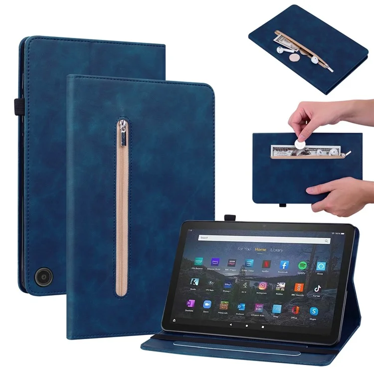 Pour le boîtier Amazon Fire Max 11 Tablet Case PU Leather Card Slots Zipper Pocket Wallet Folding Stand Cover - Bleu foncé