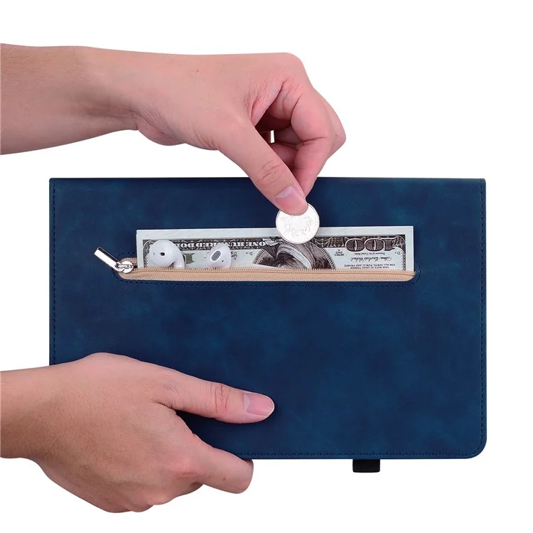Pour le boîtier Amazon Fire Max 11 Tablet Case PU Leather Card Slots Zipper Pocket Wallet Folding Stand Cover - Bleu foncé