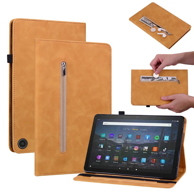 For Amazon Fire Max 11 Tablet Case PU Leather Card Slots Zipper Pocket Wallet Folding Stand Cover - Yellow