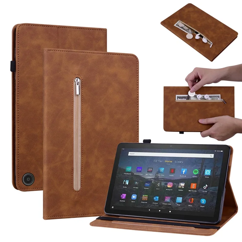 For Amazon Fire Max 11 Tablet Case PU Leather Card Slots Zipper Pocket Wallet Folding Stand Cover - Brown