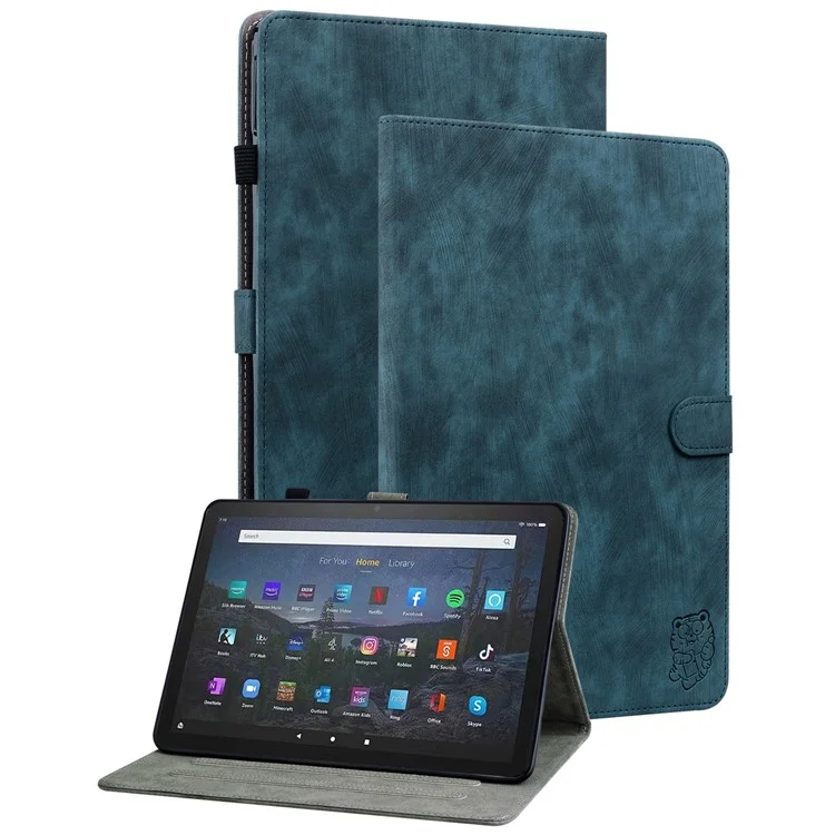 Per Amazon Fire Max 11 Anti-Slip Stand Cover PU Leather Cute Tiger Pattern Card Slots Tablet Case - Dark Blue