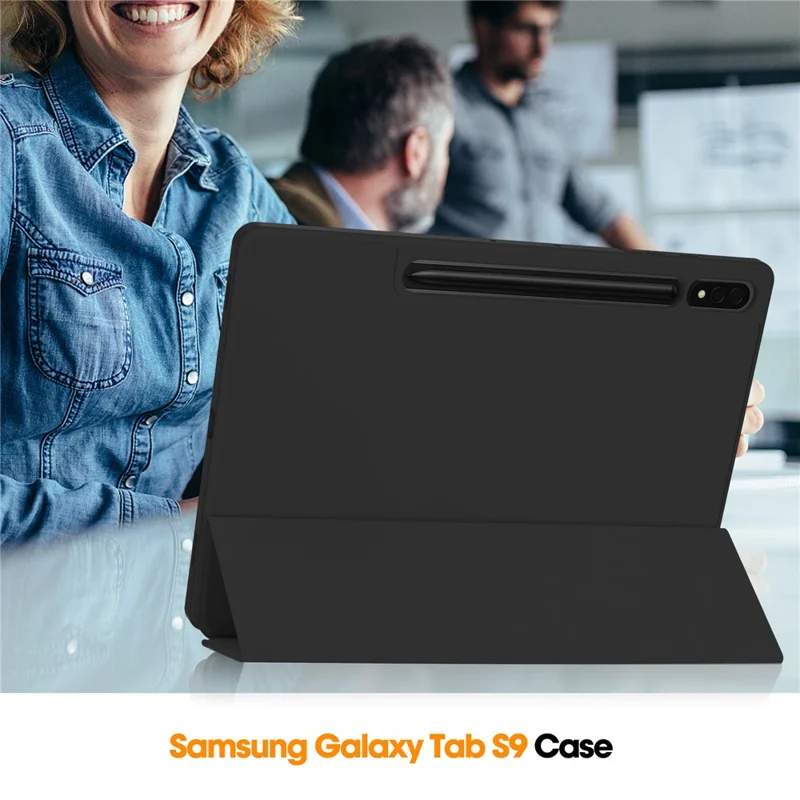 Para Samsung Galaxy Tab S9+ Capa de Couro PU Tri-fold Stand Smart Tablet Cover com Slot para Caneta - Preto