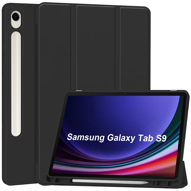 Tri-fold Stand Case für Samsung Galaxy Tab S9, PU-Lederhülle mit Auto-Wake / Sleep Tablet-Abdeckung mit Stiftfach - Schwarz