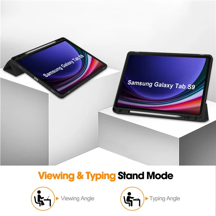 Tri-fold Stand Case für Samsung Galaxy Tab S9, PU-Lederhülle mit Auto-Wake / Sleep Tablet-Abdeckung mit Stiftfach - Schwarz