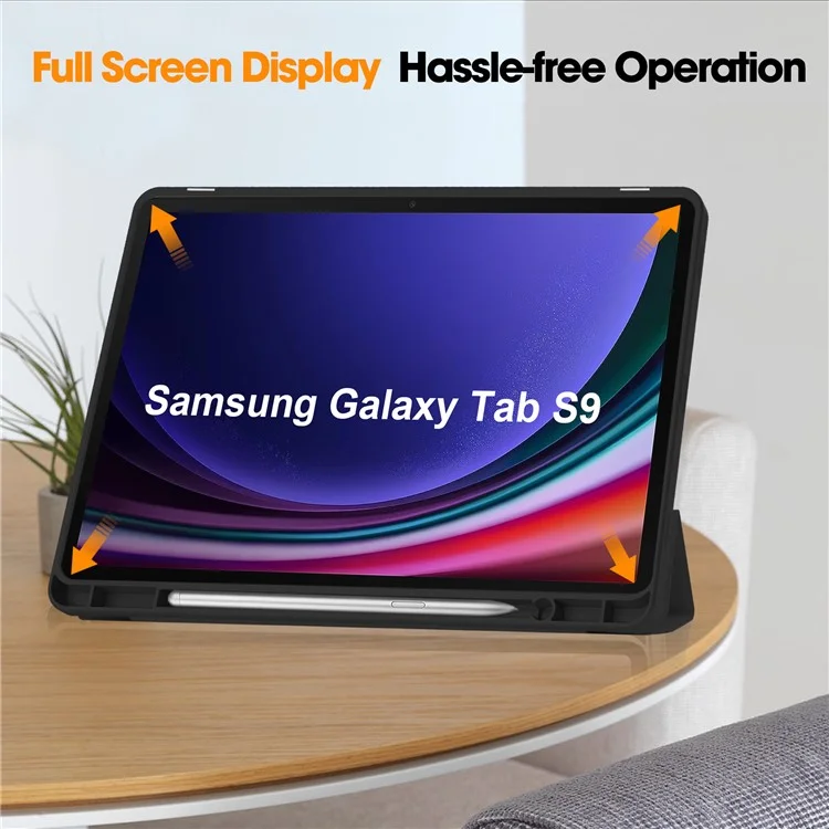 Tri-fold Stand Case für Samsung Galaxy Tab S9, PU-Lederhülle mit Auto-Wake / Sleep Tablet-Abdeckung mit Stiftfach - Schwarz
