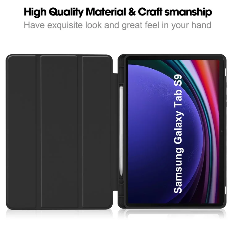 Tri-fold Stand Case für Samsung Galaxy Tab S9, PU-Lederhülle mit Auto-Wake / Sleep Tablet-Abdeckung mit Stiftfach - Schwarz