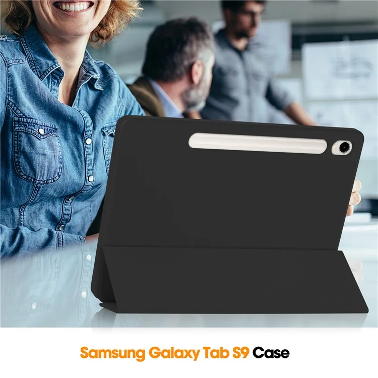 Tri-fold Stand Case für Samsung Galaxy Tab S9, PU-Lederhülle mit Auto-Wake / Sleep Tablet-Abdeckung mit Stiftfach - Schwarz