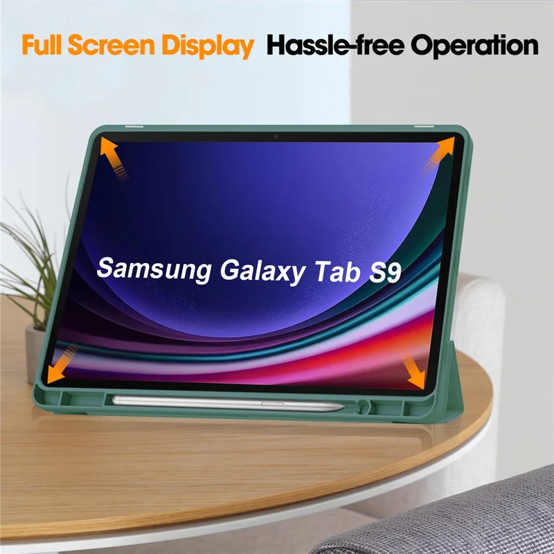 Tri-Fold-Ständer-Hülle für Samsung Galaxy Tab S9, PU-Leder Auto Wake/Sleep Tablet-Cover mit Stiftschlitz - Schwärzlich Grün