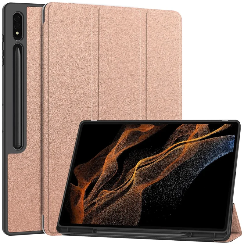 Smart Tablet Case for Samsung Galaxy Tab S9 Ultra , PU Leather Tri-fold Stand Cover with Pen Slot - Rose Gold