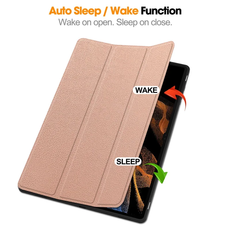 Smart Tablet Case for Samsung Galaxy Tab S9 Ultra , PU Leather Tri-fold Stand Cover with Pen Slot - Rose Gold