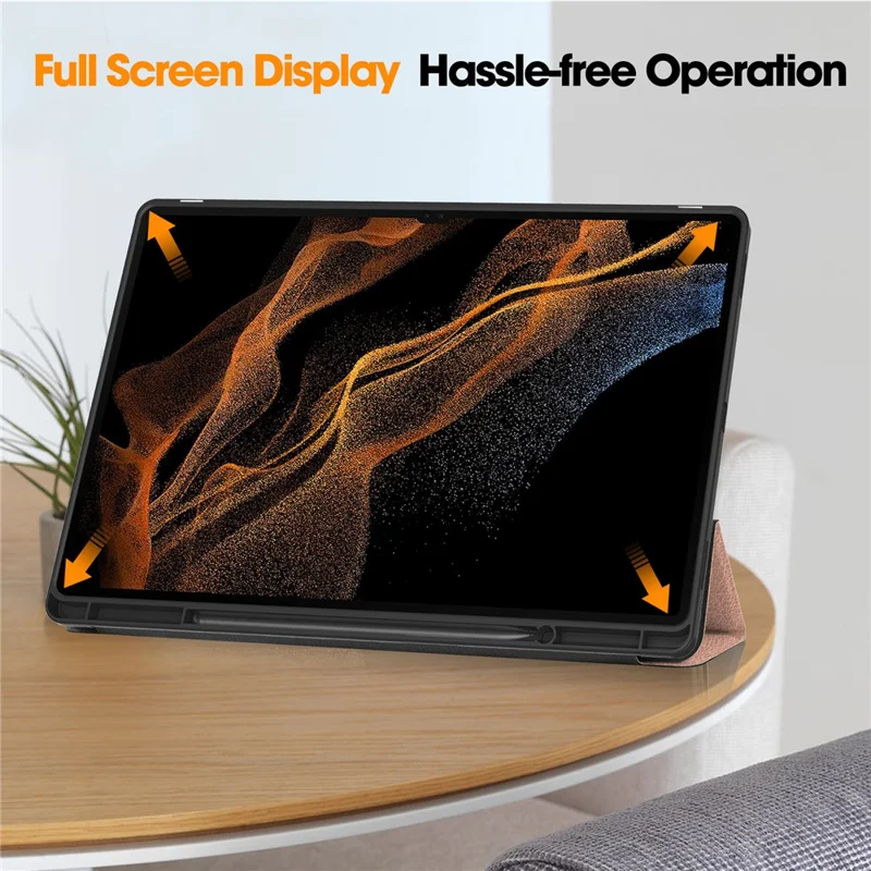Smart Tablet Case for Samsung Galaxy Tab S9 Ultra , PU Leather Tri-fold Stand Cover with Pen Slot - Rose Gold