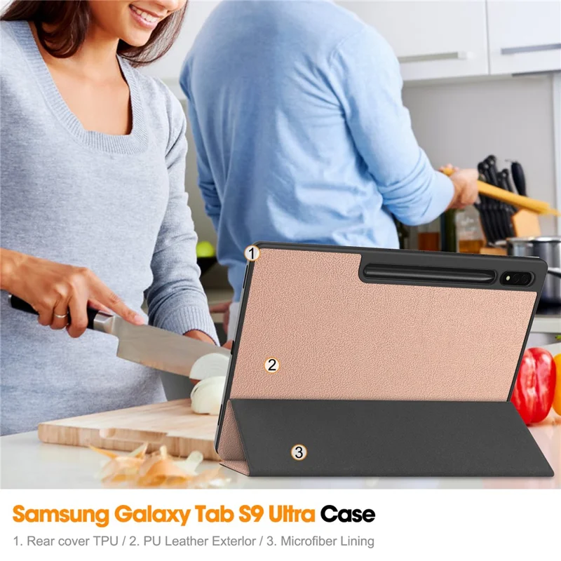 Smart Tablet Case for Samsung Galaxy Tab S9 Ultra , PU Leather Tri-fold Stand Cover with Pen Slot - Rose Gold