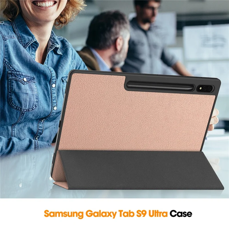 Smart Tablet Case for Samsung Galaxy Tab S9 Ultra , PU Leather Tri-fold Stand Cover with Pen Slot - Rose Gold
