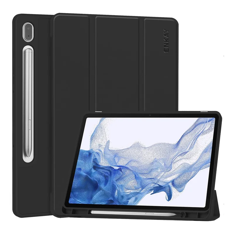 ENKAY HAT PRINCE For Samsung Galaxy Tab S9 Tri-fold Stand Tablet Case PU Leather + TPU Smart Cover with Pencil Holder - Black