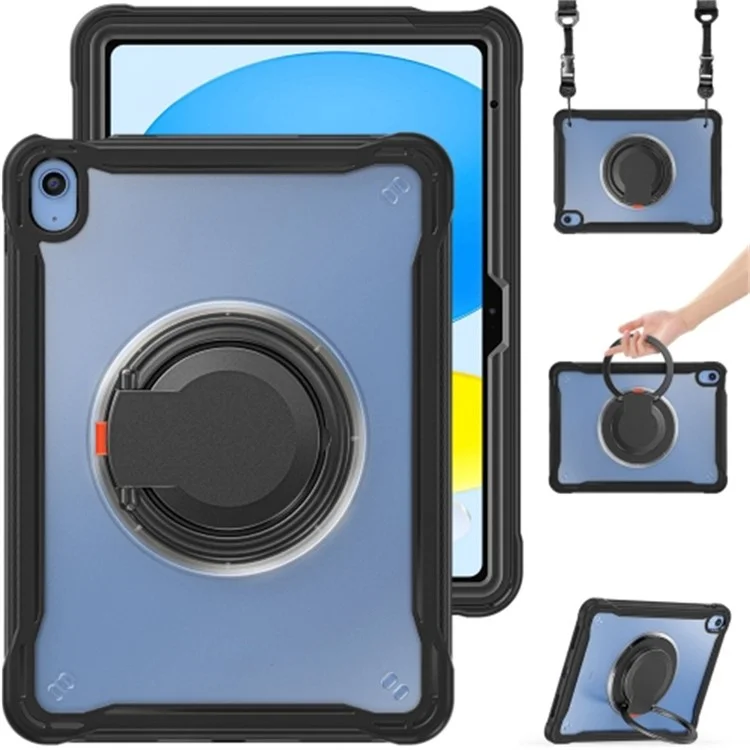 For iPad (2025) / 10.9 (2022) 360-Degree Rotating Kickstand PC+TPU Cover Shockproof Portable Tablet Case with Shoulder Strap - Black