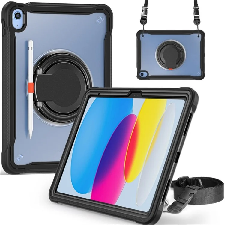 For iPad (2025) / 10.9 (2022) 360-Degree Rotating Kickstand PC+TPU Cover Shockproof Portable Tablet Case with Shoulder Strap - Black
