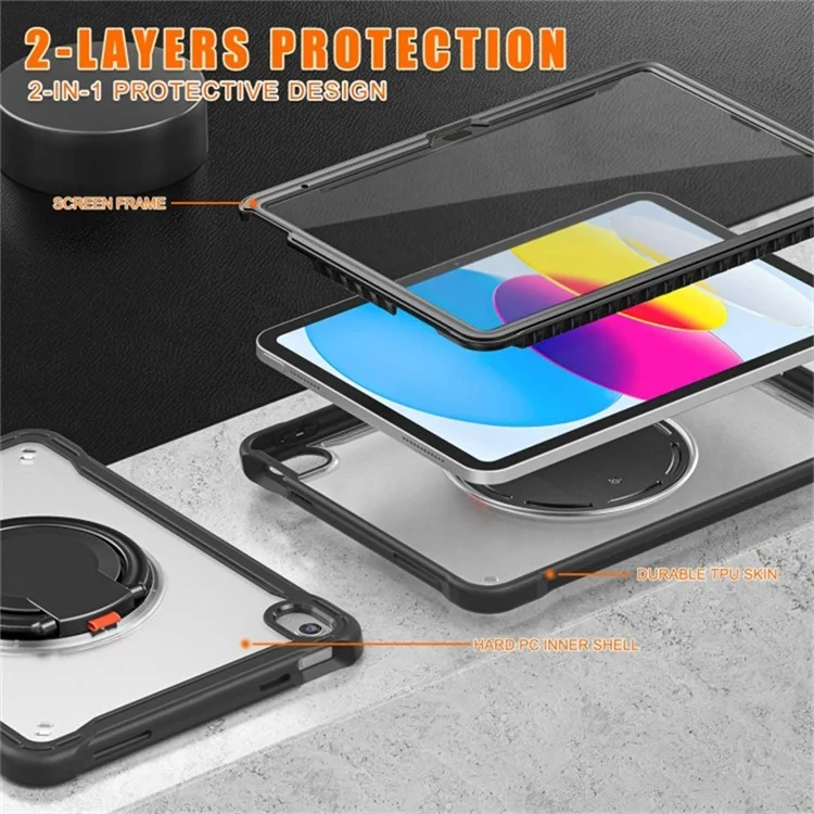 For iPad (2025) / 10.9 (2022) 360-Degree Rotating Kickstand PC+TPU Cover Shockproof Portable Tablet Case with Shoulder Strap - Black