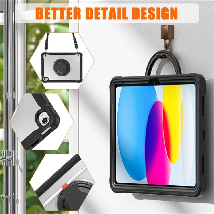 For iPad (2025) / 10.9 (2022) 360-Degree Rotating Kickstand PC+TPU Cover Shockproof Portable Tablet Case with Shoulder Strap - Black