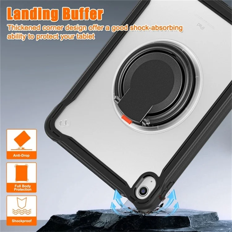 For iPad (2025) / 10.9 (2022) 360-Degree Rotating Kickstand PC+TPU Cover Shockproof Portable Tablet Case with Shoulder Strap - Black