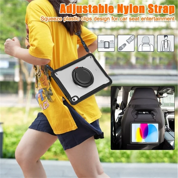 For iPad (2025) / 10.9 (2022) 360-Degree Rotating Kickstand PC+TPU Cover Shockproof Portable Tablet Case with Shoulder Strap - Black