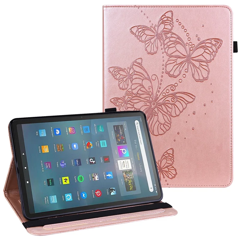 For Amazon Fire Max 11 PU Leather Wallet Tablet Case Imprinted Butterfly Stand Tablet Cover - Rose Gold