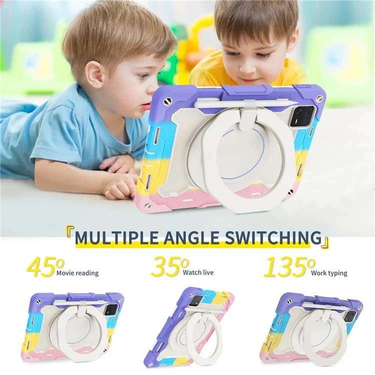 Para Xiaomi Pad 6 PC + Funda protectora de silicona Carcasa para tableta de 360 grados con soporte giratorio a prueba de caídas - Rosa multicolor