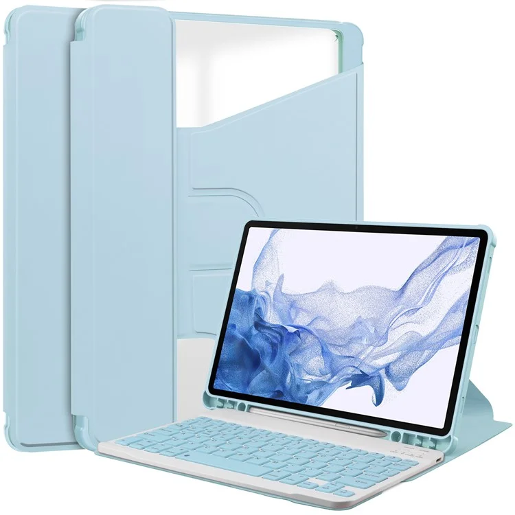 For Samsung Galaxy Tab S9 Tablet Case 360-Degree Rotating Stand Leather+Acrylic Cover with Wireless Keyboard - Sky Blue