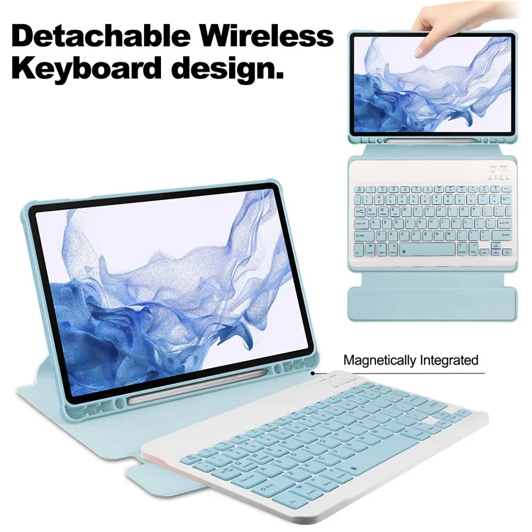 For Samsung Galaxy Tab S9 Tablet Case 360-Degree Rotating Stand Leather+Acrylic Cover with Wireless Keyboard - Sky Blue