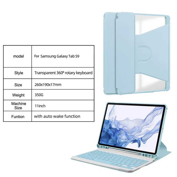 For Samsung Galaxy Tab S9 Tablet Case 360-Degree Rotating Stand Leather+Acrylic Cover with Wireless Keyboard - Sky Blue
