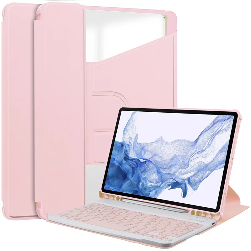 For Samsung Galaxy Tab S9 Tablet Case 360-Degree Rotating Stand Leather+Acrylic Cover with Wireless Keyboard - Pink