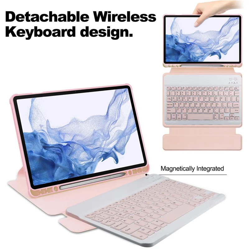 For Samsung Galaxy Tab S9 Tablet Case 360-Degree Rotating Stand Leather+Acrylic Cover with Wireless Keyboard - Pink