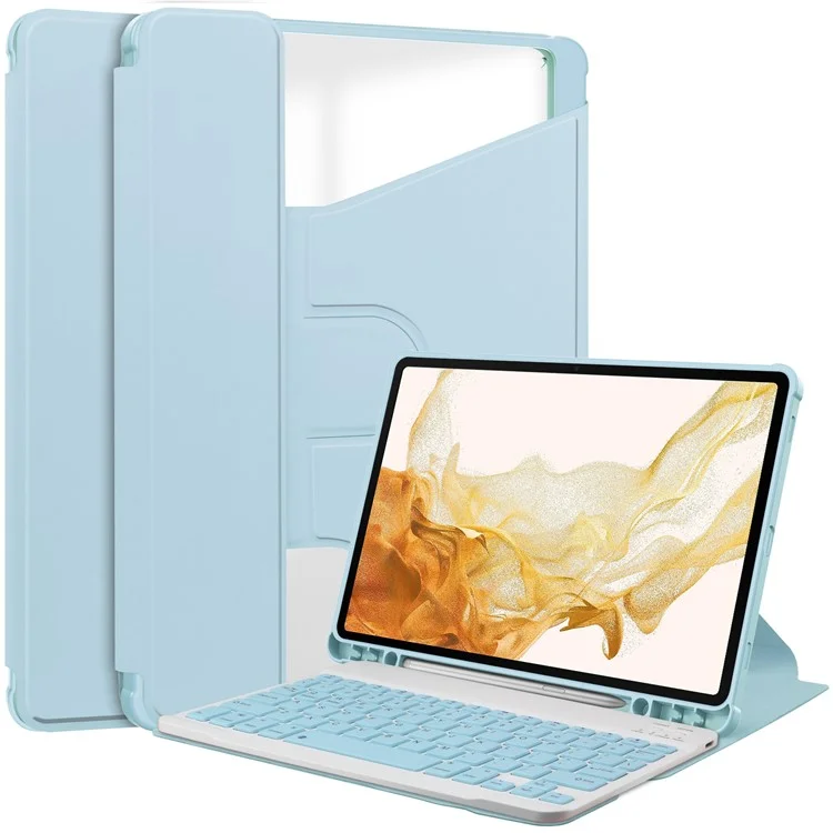 Tablet Case with Wireless Keyboard for Samsung Galaxy Tab S9+ , 360-Degree Rotating Stand PU Leather+Acrylic Cover - Sky Blue